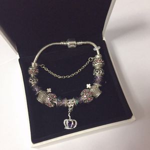 16 CM Charm Bracelet Silver plated Bracelets Royal Crown Accessories Purple Crystal Bead different color Diy Wedding Jewelry with box