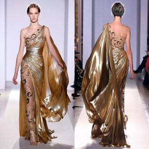 Zuhair Murad Haute Couture Applicaties Gouden avondjurken Lange zeemeermin één schouder met appliques Sheer Vintage Pageant Prom jurken
