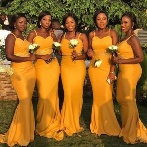 vestidos de damas de honor estampadas al por mayor-2019 patrones elegantes sirena vestidos de dama de honor amarillo de gasa espaguetis correas de encaje apliquen un aplique largo de vestidos de honor para bodas