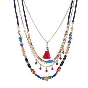 tibet turquoise necklace оптовых-Завод прямых продаж Bohemian ожерелье национального стиля многослойного рис шарик цепь кисточка кулон ожерелье праздник