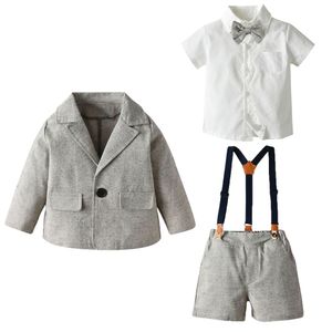 baby white shorts оптовых-Baby Boys устанавливает детей отворота с длинным рукавом костюм бантики галстуки белая рубашка шорты подвеска шт мальчик одежда A1737