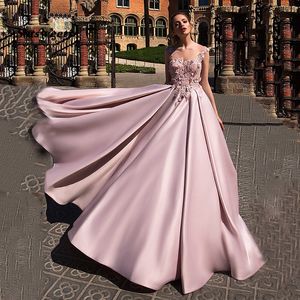 Satin Ball Suknia Prom Dresses Robe de Soiree Aplikacja Kwiat Różowy Elegancki Suknia Wieczorowa Długa Gala Formalna