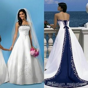 Vintage witte en blauwe a lijn trouwjurken met strapless mouwloze pastelkleuren vlek plus size lange kerk formele bruidsjurken prinsen
