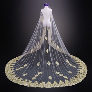 Amazing Gold Applique Lace Meters Wedding Veils For Bride White Ivory With No Comb Long Bridal Veil Country Wedding dress