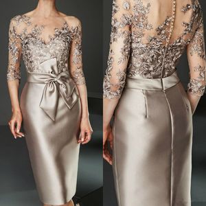Mother of the Bride Dresses Knee Length Satin Lace Appliqued Groom for Wedding Party Arabic Evening Dress