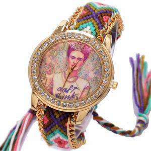 vintage style uhren für frauen großhandel-Regenbogen Genf Uhr Frauen Vintage Hippie mexikanischen Strass Stil Zifferblatt Mädchen Mode Armbanduhr Lace Chain Braid Reloj