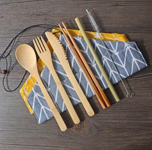 Wholesale bamboo kitchen utensils for sale - Group buy Portable Natural Bamboo Straw Spoon Fork Knife Chopsticks Cleaning Brush Kitchen Utensil Bamboo Cutlery Set SN3769