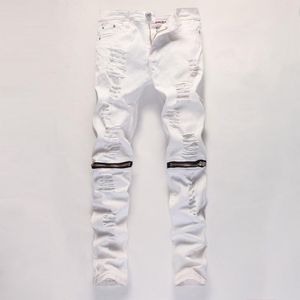 beyaz sıkıntılı kot mens toptan satış-Ayak bileği Fermuar Erkek Jeans İnce Düz Sıkıntılı Delik Jeans Erkek Siyah Beyaz Kırmızı Skinny Jogger Pantolon Erkek Tasarımcı Pantolon Ripped