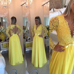 Gorgeous Yellow V neck Prom Evening Dresses Long Illusion Lace Sleeves Pearls Beaded Formal Pageant Dress For Black girls