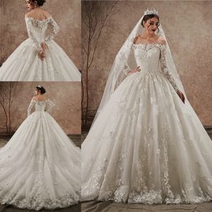 Shiny Lace Applique Puffy Wedding Dress Off Shoulder Long Sleeves Lace up Bridal Gowns New Arrival Western
