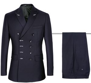 Sexy Design Five Double Breasted Navy Blue Groom Tuxedos Men Wedding Blazer High Quality Men Dinner Prom Business Suit Jacket Pants Tie
