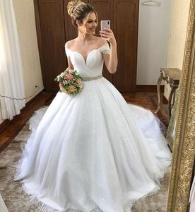 Wholesale beautiful crystal wedding dresses for sale - Group buy Beautiful fairy Holy Ball Gown Wedding dress off the shoulder shinning sparkly bridal gowns beaded crystal sash custom made lace up back