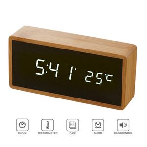 miroir sonore achat en gros de Bambou Miroir en bois Réveils température Contrôle des sons horloge de bureau avec Montre numérique LED électronique Horloges Despertador