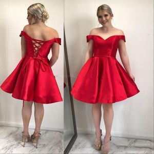 Wholesale red satin homecoming dress resale online - Simple REd Short Homecoming Dresses With Off Shoulder Satin A line Back LAce Up Bandage Short Cocktail Party Dresses