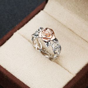 ingrosso floral rings-Vendita calda Solido K Rosegold Flower Jewelry sterling Silver Anello floreale Due tonalità Romantico Rose Wedding Anelli di fidanzamento