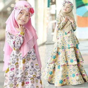 robe musulmane arabe rose achat en gros de Festival du Ramadan Floral pour enfants Robe longue musulmane Robe arabe Robe Turban Ensemble Vêtements traditionnels Kaki rose