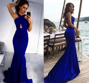 2019 Royal Blue Ontworpen Cross Neck Mermaid Prom Dresses Cut Out Taille V hals Sexy Backless Sweep Train Avond Feestjurken Vestido