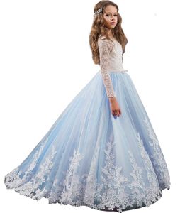 Lace Applique Little Girl Bridesmaid Tulle Pageant Long Sleeve Communion Ball Gown Flower Girl Dresses Formal Occasion