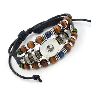 Läder Charm Armband Noosa Button Snap Clasp Chunks Beaded DIY Multilayer Fashion Braided Vintage Smycken För Män Kvinnor Svart Brun Färg