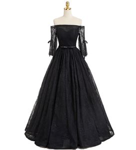Off Shoulder Black Prom Dresses Lace Long Sleeve Formal Evening Party Ball Gowns Juniors Graduation Dress
