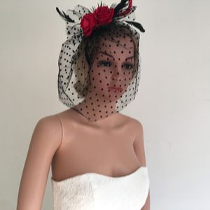 Wholesale wedding hair veils resale online - Veil with Dots Fascinator Black Feather Red Rose Fascinator for Wedding Bride Bridesmaid Luxury Ladies Jeweled Hair Clip
