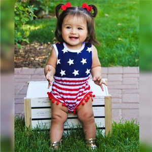Zomer peuter kleding schattige baby meisjes mouwloze VS onafhankelijkheid dagen algemene haarbanden baby twee stuk sets rode gestreepte jumpsuits D6415