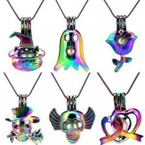 Pendant Necklaces Snake Chain Rainbow Pearl Cage Halloween Skull Ghost Rose Locket Perfume Diffuser Stainless Necklace
