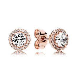 Round Sparkle Halo Stud Earring Luxury Rose gold plated for Pandora CZ diamond small earrings for Women Girls with Original box