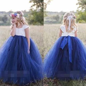 Eenvoudige witte en blauwe prinses bloem meisje jurken nieuwe dop mouwen vloer lengte eerste communie jurken tule baljurk meisjes pageant Dres