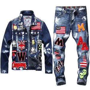 Wholesale panel racing resale online - Embroidery Patch Design Jacket Jeans Piece Set Men s Multi badge Skull Jeans Sets Slim Denim Jacket Flag Badge Paint Jeans