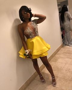 Wholesale long sleeve one shoulder homecoming dresses resale online - Gorgeous Yellow Homecoming Dresses Short Mini One Shoulder Long Sleeves See Through Appliques Beaded Tiered Satin Tulle Prom Gowns