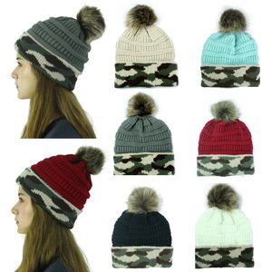 kamuflaj bezeri toptan satış-Kafatası Beanie Kadın Outdoor unisex Kış Kadın Örme kasketleri Pom top Şapka Sıcak kamuflaj patchwork Yün LJJA3390 Caps