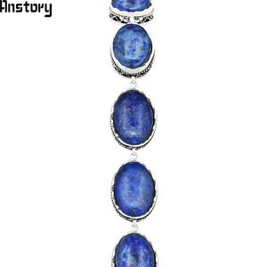 Naturalne owalne Lapis Lazuli Bransoletka dla kobiet Vintage Antyczne Posrebrzane Kwiat Wisiorek Moda Biżuteria Party Prezent TB276