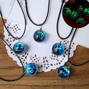 Wholesale glass gemstones resale online - 12 Zodiac Signs Luminous Necklace women Glow in the dark Horoscope Glass gemstone Pendant Black leather wax rope chains For Men Jewelry