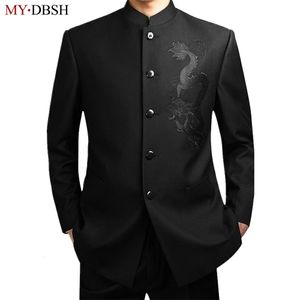 Nieuwe zwarte Chinese tuniek pak heren traditionele stand kraag pakken apec leider kostuum mannelijke borduurwerk draak totempakken ly191202