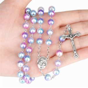 Madonna Crucifix Necklace Rainbow Imitation Pearl Cross Necklaces Fashion Jewelry for Women Will and Sandy Drop Ship