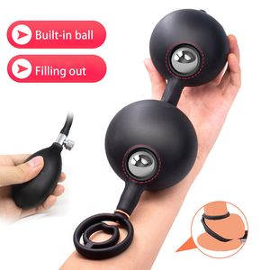 Inflatable Anal Beads Butt Plugs With Double Cock Rings Penis Delay Anus expander Sex Toy For Woman