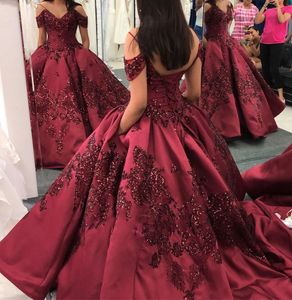 Princess Burgundy ball gown Quinceanera Dresses With Off Shoulder Sequin Lace Appliqued Sweet Girls Paganet Gown