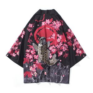 японский стиль куртки оптовых-Мужские куртки летние мужчины кимоно куртка черный белый половина рукава d печать японский стиль ретро кардиган пальто мужской винтаж хараджуку