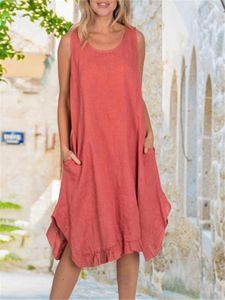kıyafetler giymek toptan satış-Günlük Elbiseler Vintage Pamuk Keten Düzensiz Elbise Kadın Kısa Kollu O Boyun Hem Fırfır Gevşek Smoy Femme Robe Bayanlar Kırmızı Cepler