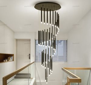 merdiven boşluğu kolye aydınlatma toptan satış-Modern Lüks LED Merdiven Siyah Kolye Lambaları Avize Kapalı Kurulum Spiral Merdiven Gözü Işık Otel Lobi Demir Uzun Avizeler Yuvarlak Aydınlatma