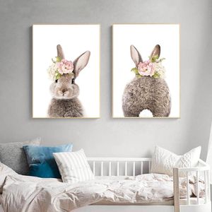Bunny Rabbit Nursery Canvas Painting Animals Print Pink Flower Art Wall Art Picture for Living Room Home Decor No Frame