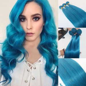 pacotes remy blue. venda por atacado-Moda colorida luz brasileira azul seda de seda de cabelo reta pacotes Remy extensões de a polegadas
