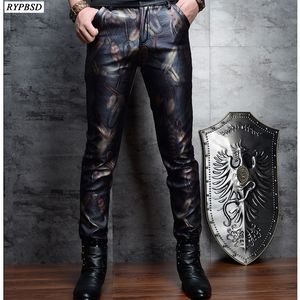 тонкие кожаные штаны для мужчин оптовых-Мужские брюки скинни кожаные мужские моды напечатаны Slim Fit PU искусственные брюки высокого качества на молнии Mens Biker брюк