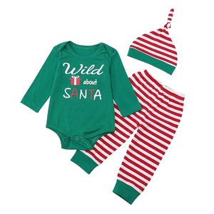 rote grüne weihnachts-outfits großhandel-Kleidung Sets Born Unisex Baby Weihnachten Santa Brief Drucken Langarm Strampler Gestreifte Hose Hut Kleidung Outfits Grün Rot Weiß