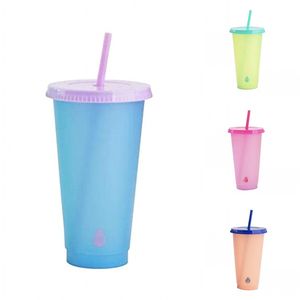 moda çay fincanları toptan satış-Moda Renk Kapak Pp Malzeme Tumbler Emme Tüpler Şeffaf Plastik Kahve Mug Çay Yeniden kullanılabilir Sıcaklık Algılama HB B2 ile Bardaklar değiştirme