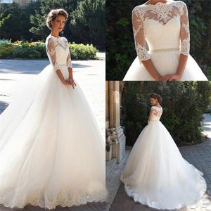 Wholesale ball gown wedding dres for sale - Group buy Bateau Long Sleeves Pearls Tulle Princess Cheap Bridal Ball Gowns Plus Size Country Vintage Lace Millanova Wedding Dres