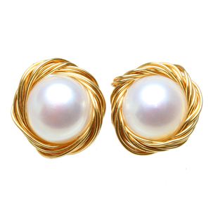 Stud Hand Made Design White Classic Gold String Flat Round Natural Freshwater Cultured Pearls Earrings For Woman mm ED
