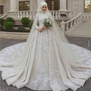 Wholesale long veil wedding dresses resale online - Modest Muslim Wedding Dresses High Neck Lace Sequins Beads Long Sleeves Country Wedding Dress With Veil Custom Made Vestidos De Novia