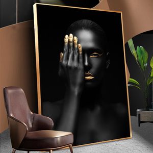 golden painted toptan satış-Poster Ve Baskılar Tuval Sanat İskandinav Cuadros Nordic Dekor Resim İçin Salon Boyama Altın Makyaj Black Beauty Kadın Duvar